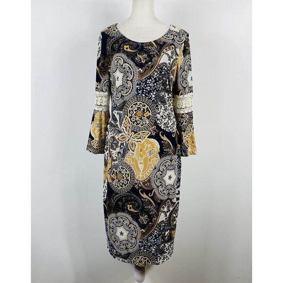 Glamour Size Small Printed Embroidered Bell Sleeve Midi Dress Navy Blue Gold - Picture 1 of 7